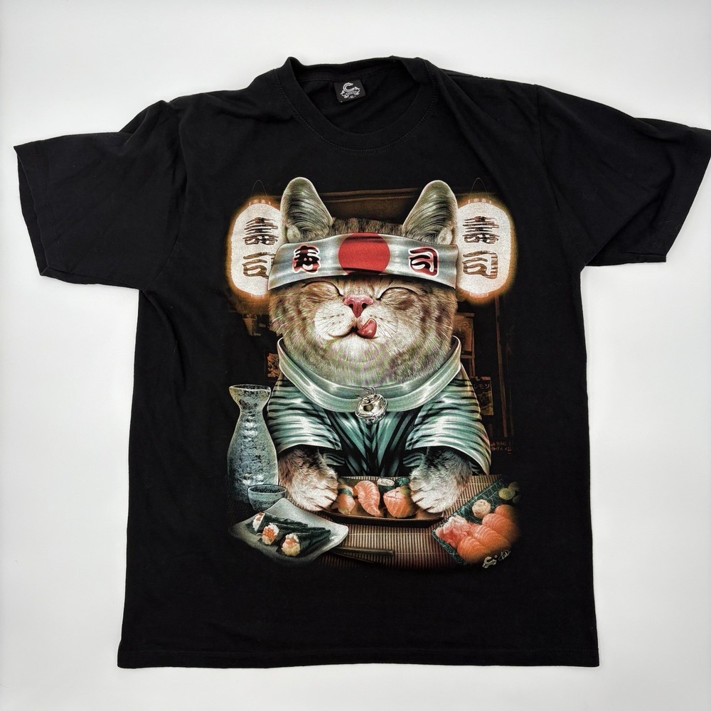 Caballo Sushi Cat T-Shirt Mens XL Black Graphic Tee Chef Japan Cat Lover 2 Sided